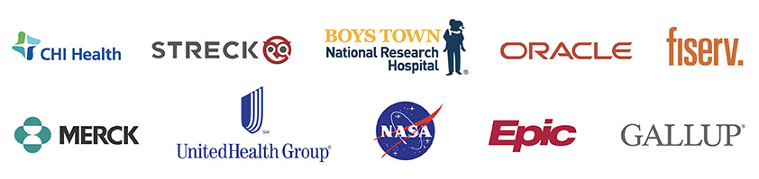 Logos for CHI Health, NASA, Epic, Boys Town, Merck, Oracle, Gallup, Streck, UnitedHealthGroup and Fiserv