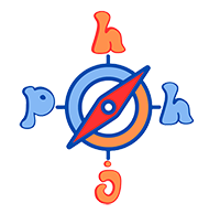 Orange and blue lowercase letters H, H, J, and P surround a simple directional compass with red arrow