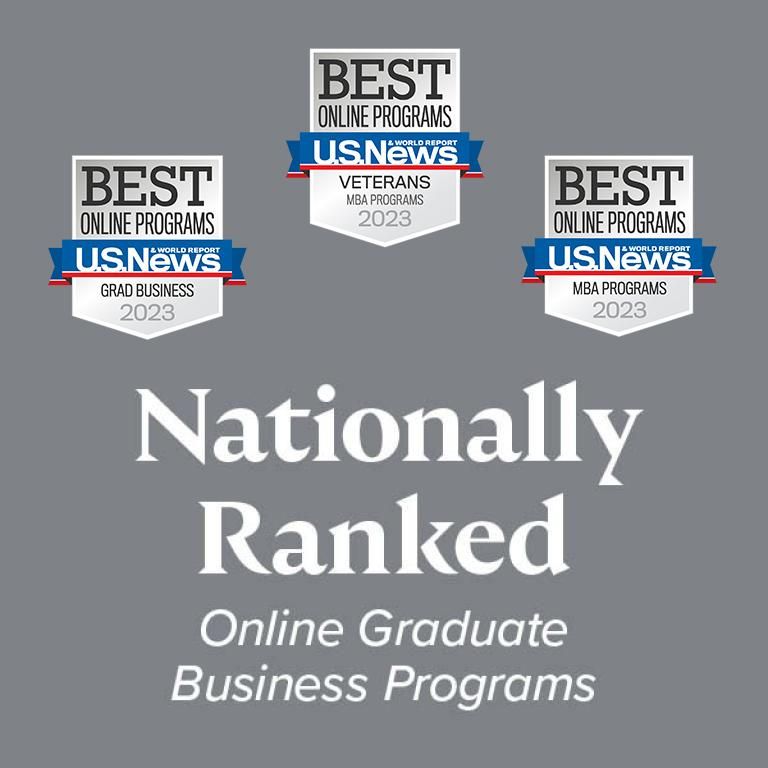 U.S. News badges showing awards for grad business, veteran MBA and general MBA programs.
