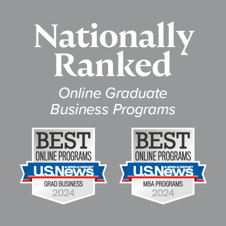 U.S. News badges showing awards for grad business and general MBA programs