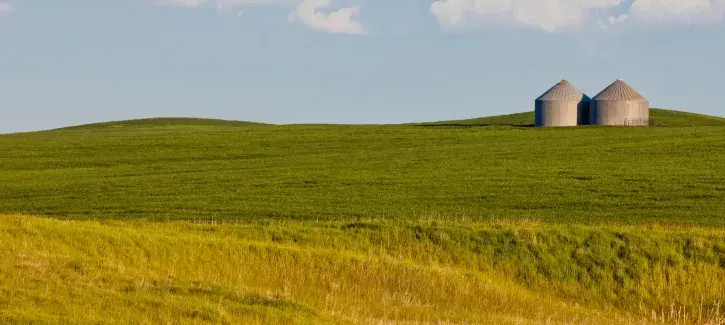 Rural landscape with grain storage units.