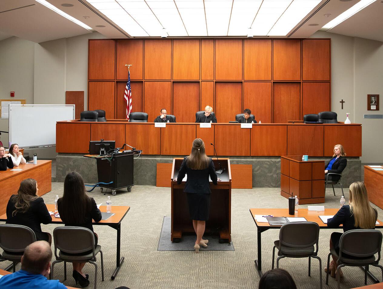 Law students participating in the law school's moot court exercise