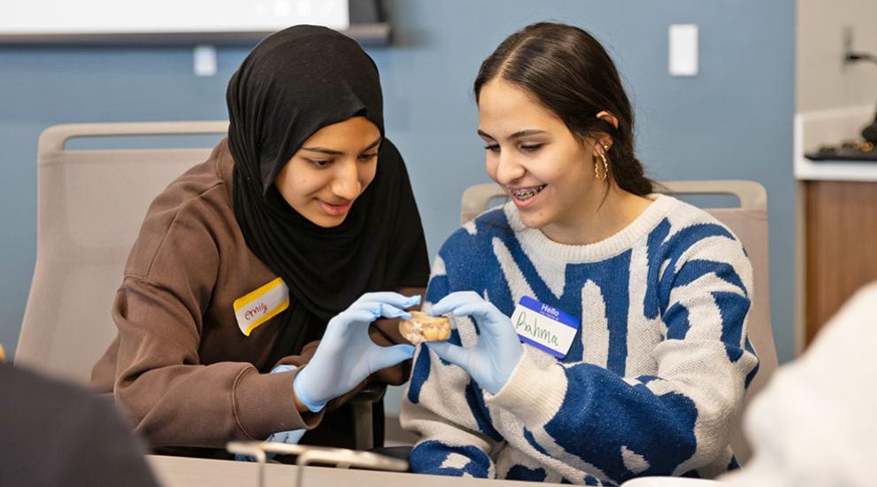 Two students examining sample in medical school room.