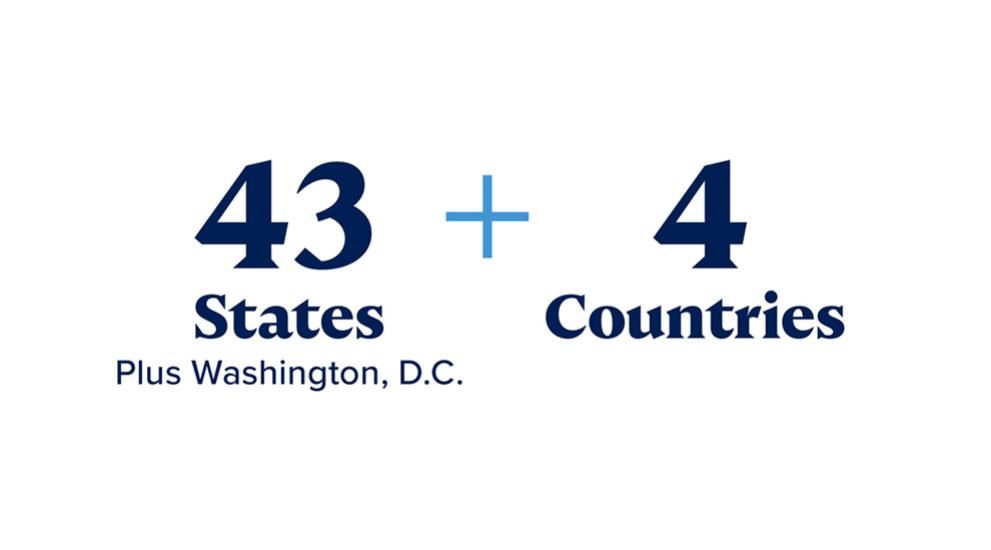 43 states (plush Washington D.C.) + 4 countries
