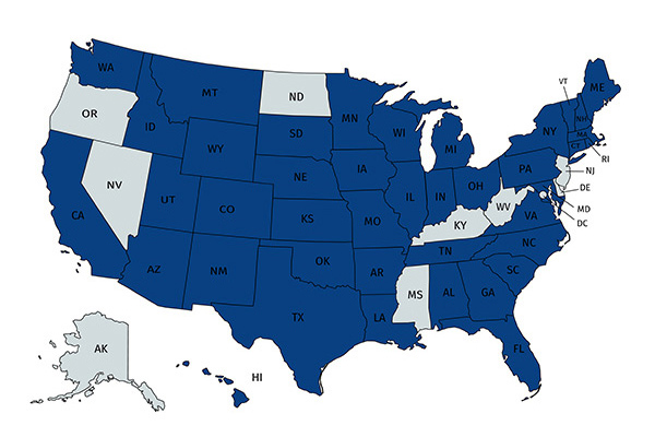 A map of the United States showing which states are part of a specialized Catholic school leadership network