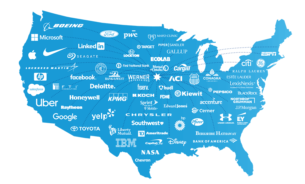 Map of the US show the logos of businesses Creighton students interned with