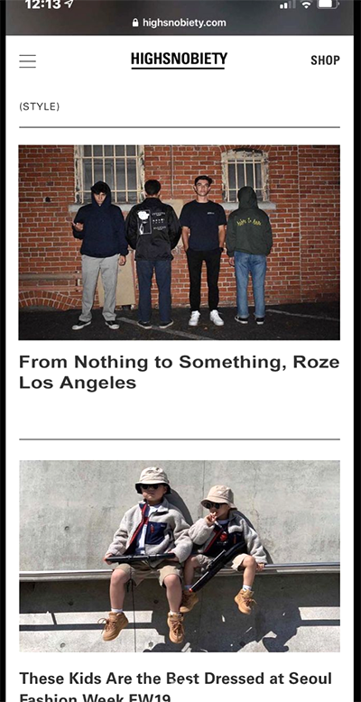 Screenshot of Roze Los Angeles being featured on a streetwear blog