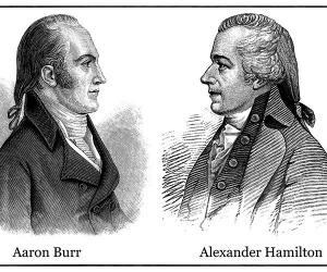 Illustrations of Aaron Burr facing Alexander Hamilton