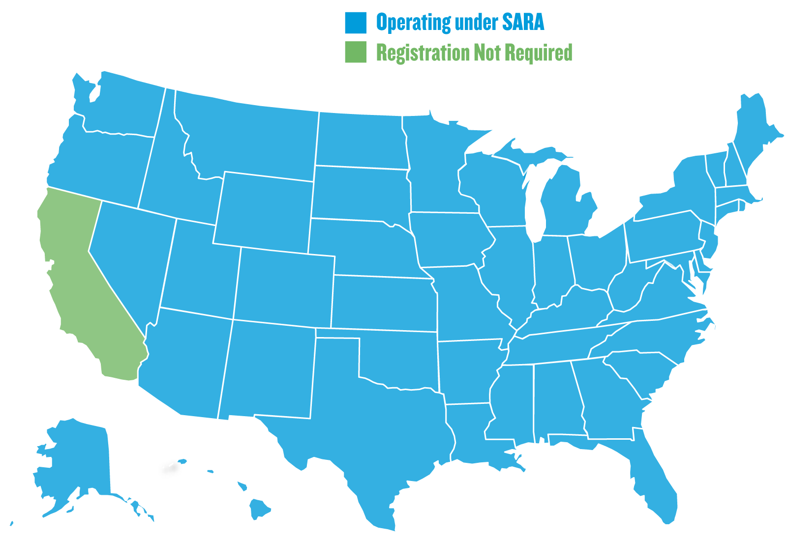 US map denoting which states Creighton is operating under the SARA
