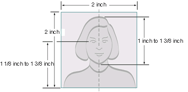 Student ID dimensions 2" x 2" with 1 3/8" from bottom of picture to eyes and 1 3/8" from top to bottom of chin