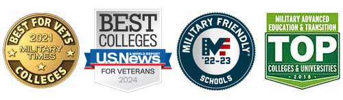 Badges for Creighton's rankings and reviews as a military friendly school and best college for veterans