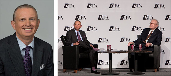 Johnson headshot and panel with Warren Buffett