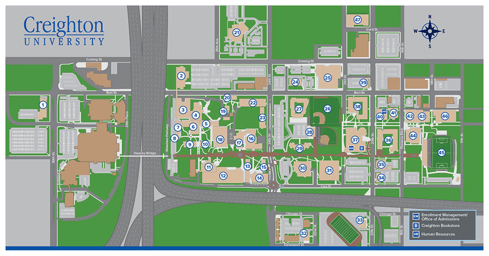 Creighton campus map with compass and legend