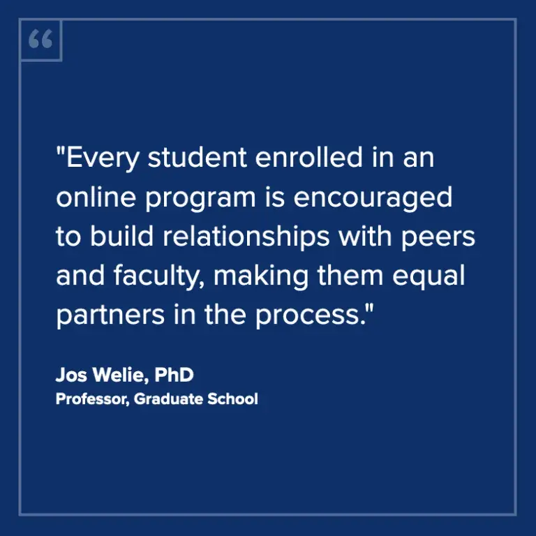 "Every student enrolled in an online program is encouraged to build relationships with peers and faculty, making them equal partners in the process." - Jos Welie, PhD