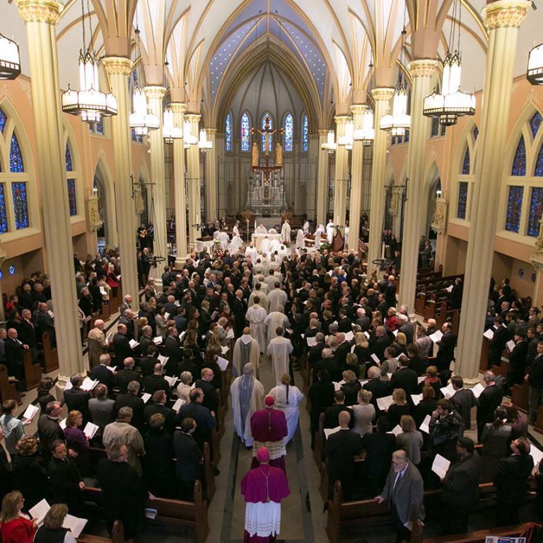 Overhead view of a Mass service processional