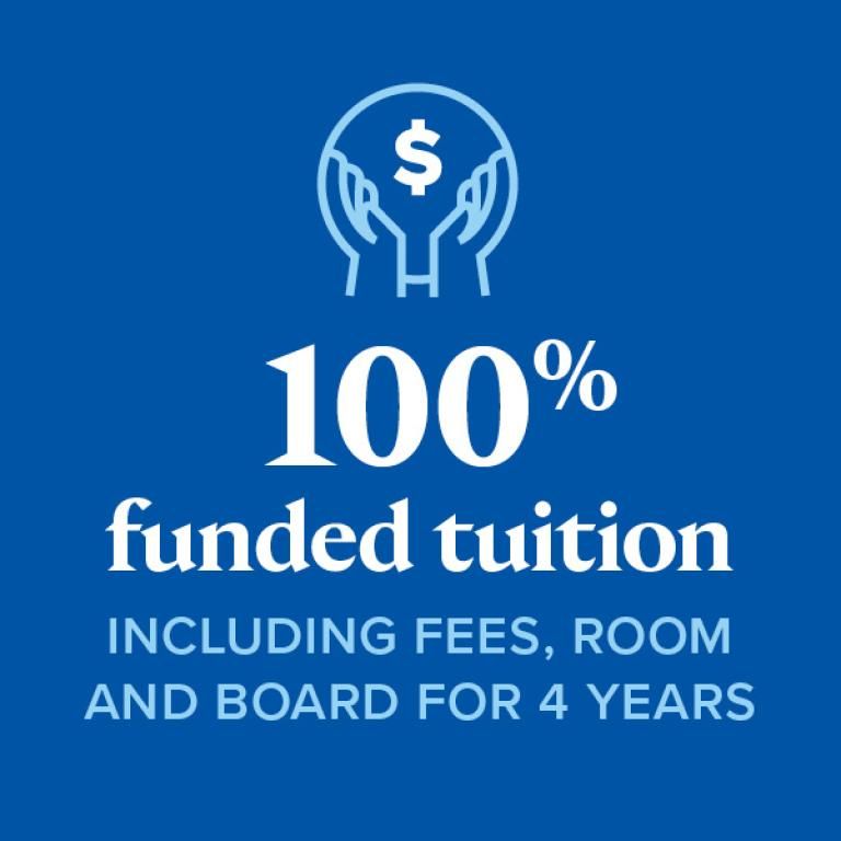 100% funded tuition including fees, room and board for 4 years.
