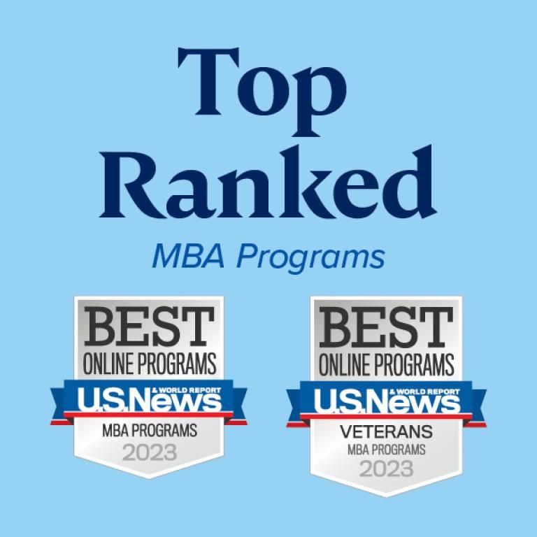 U.S. News top ranked MBA programs badge and MBA programs for veterans badge