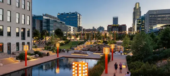 Omaha downtown mall scene in evening.