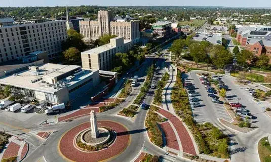 Drone shot of Creighton campus mall.