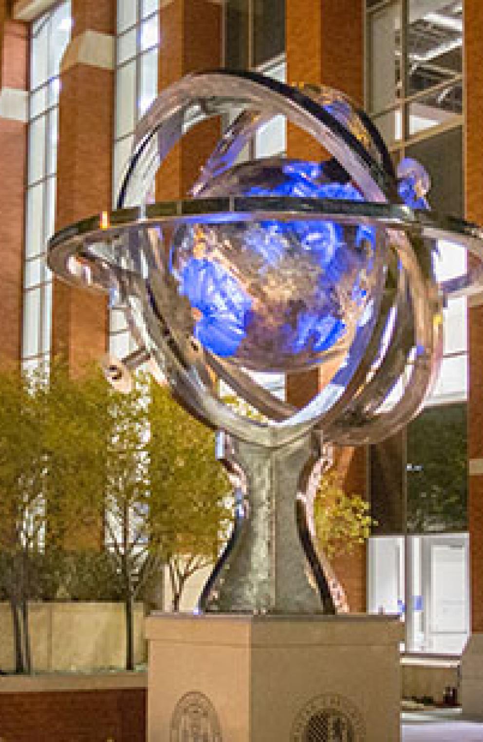 Globe sculpture at Creighton University's Heider College of Business