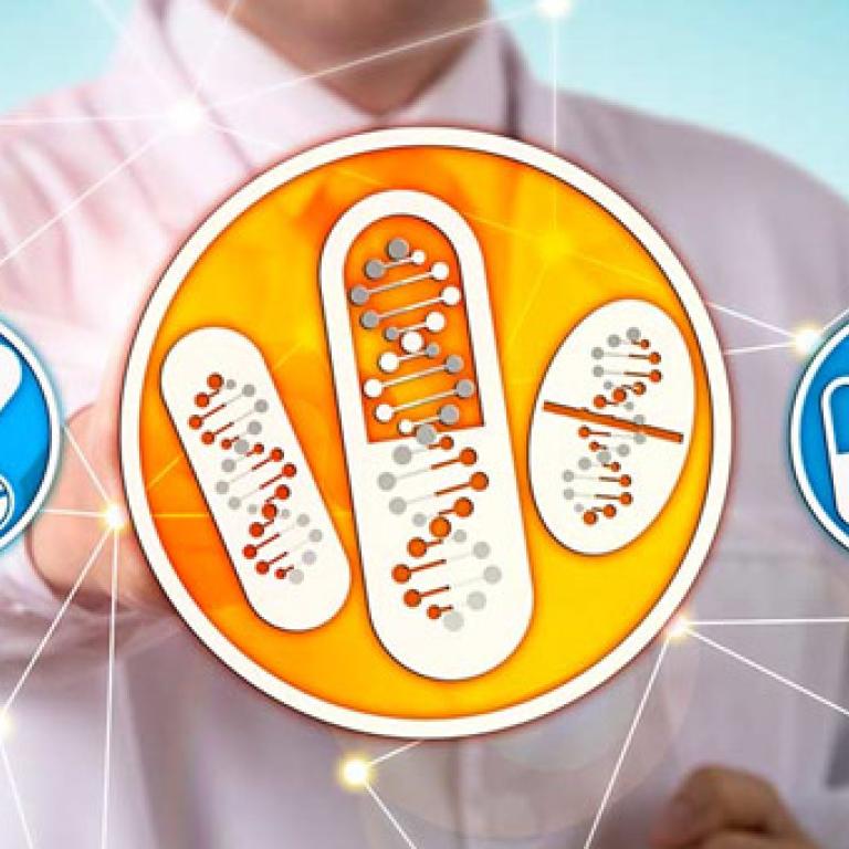 Stock photo man touching circular graphics with pills in them