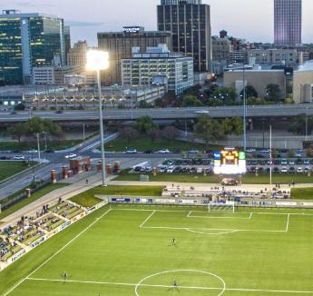 Morrison Stadium with downtown Omaha in background