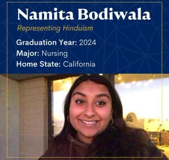 "Namita Bodiwala Representing Hinduism" with picture of student