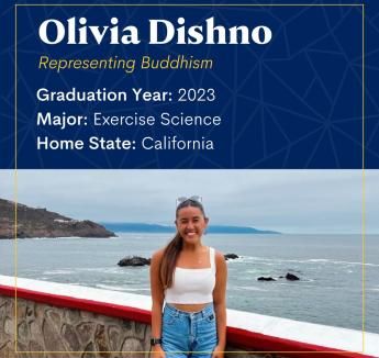 "Olivia Dishno Representing Buddhism" with photo of a student