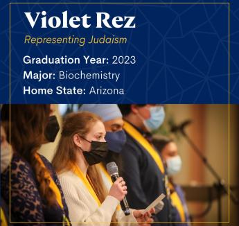 "Violet Rez Representing Judaism" with photo of a student holding a microphone and standing in a line next to other students