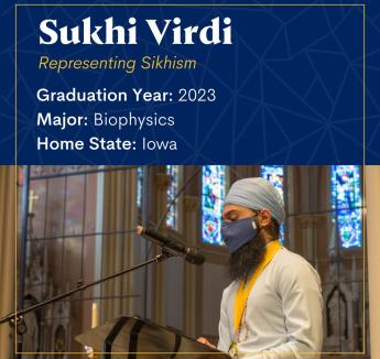 "Sukhi Virdi Representing Sikhism" with photo of a student in front of a microphone