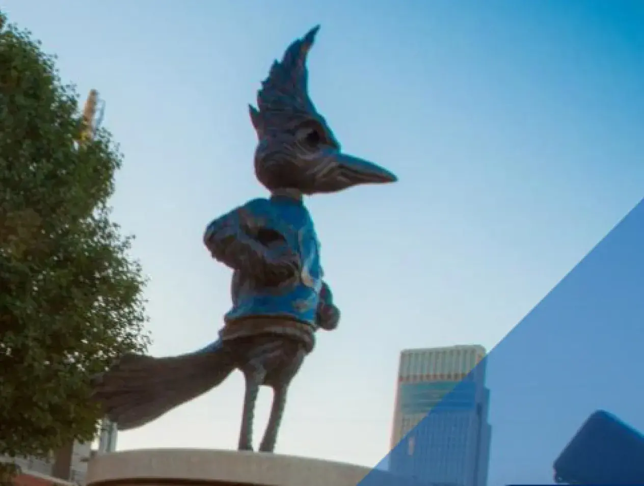 Billy Bluejay statue in morning lighting