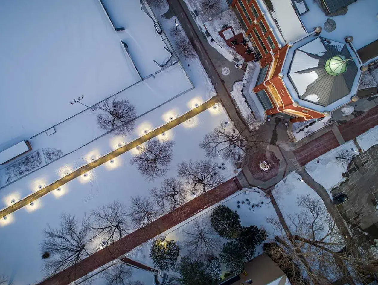 Creighton's Harper Center aerial view in winter