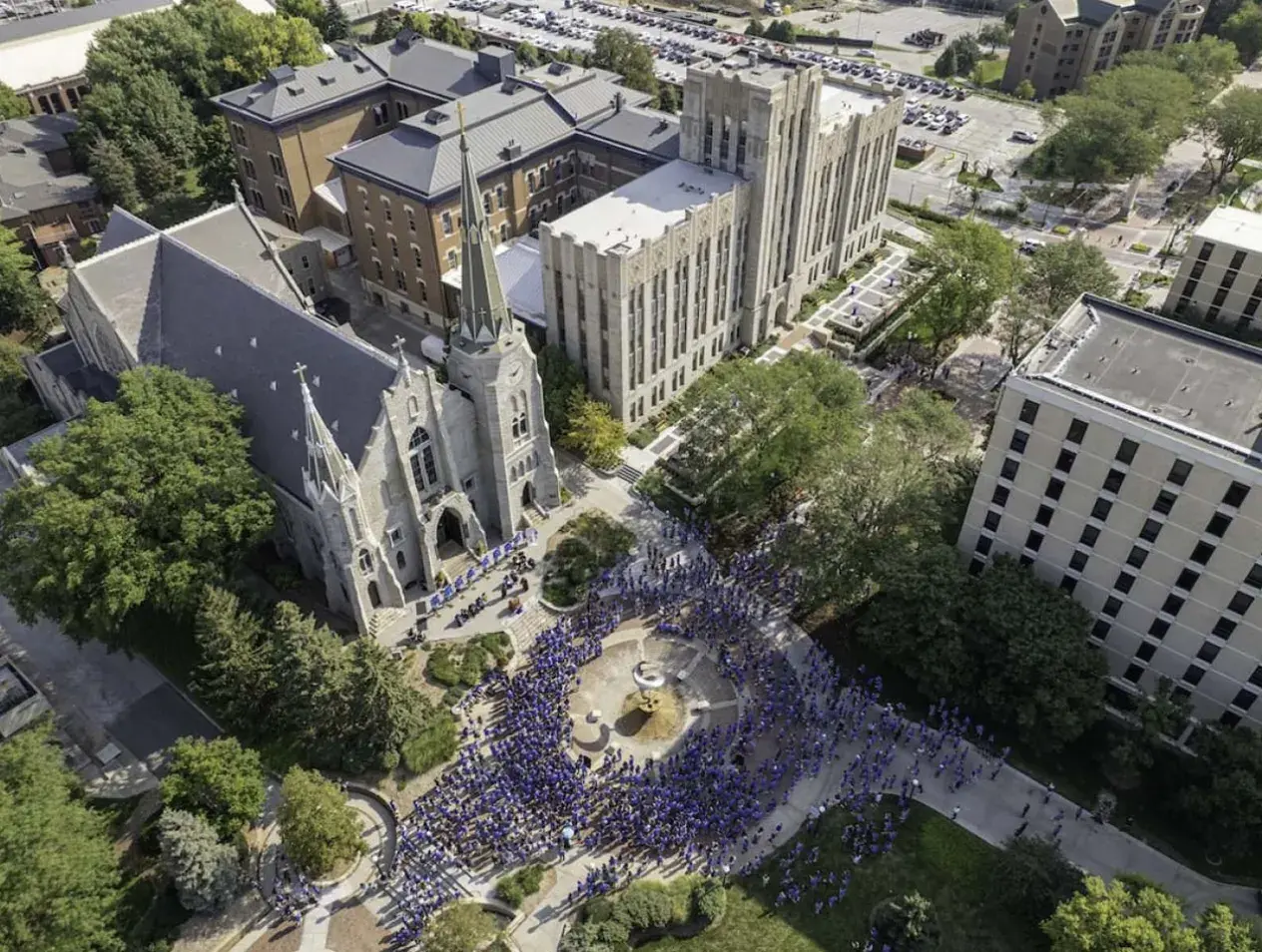 Students gathered at St. John's church -- overhead shot.