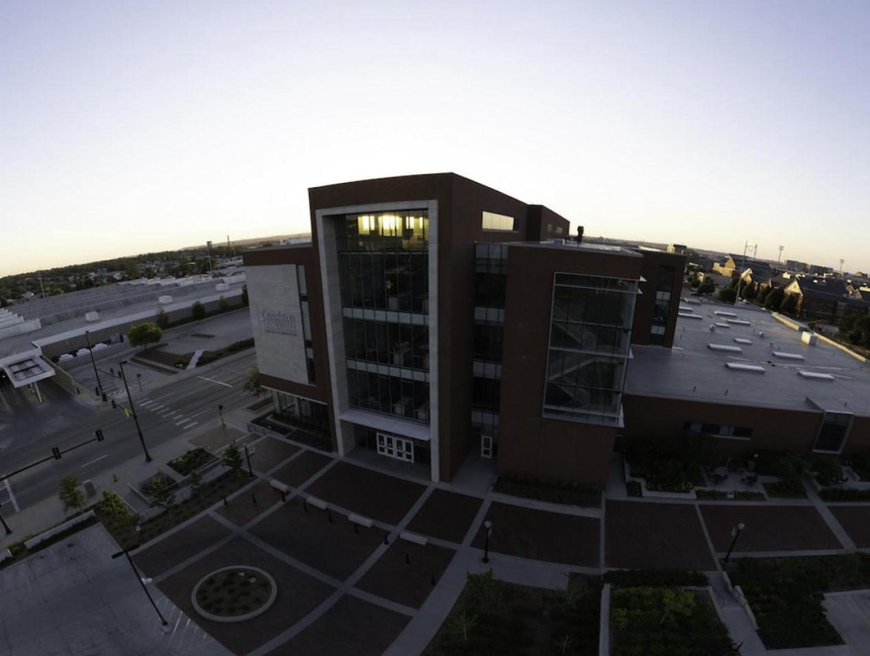 Wide angle of School of Dentistry building in the morning hours.