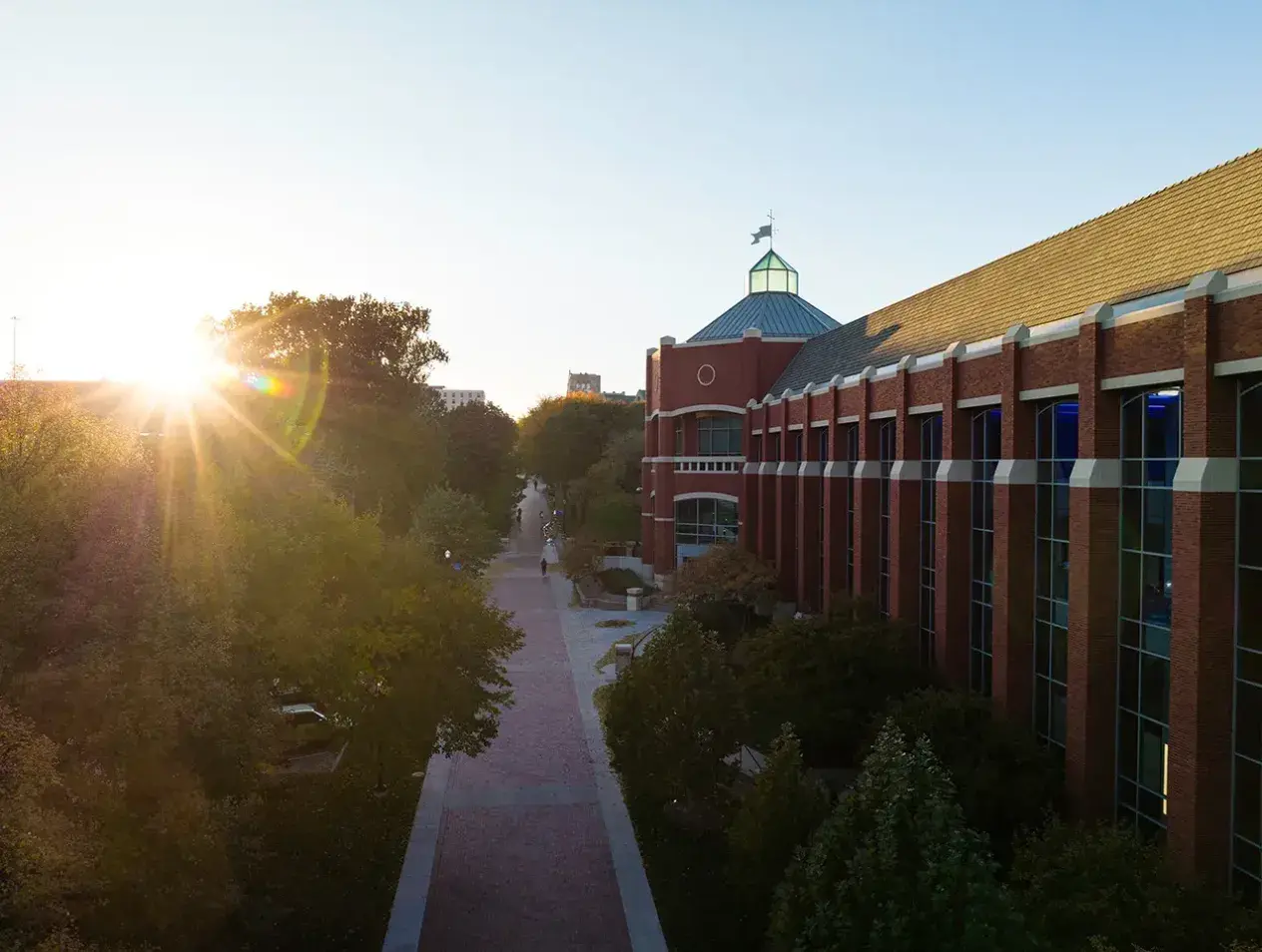 Sunsetting on campus on campus mall near Harper Center.