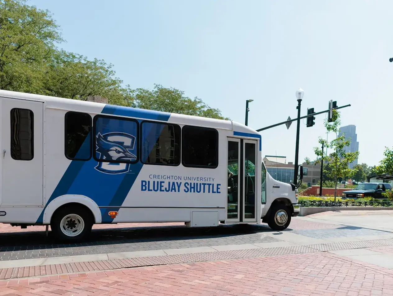 Bluejay Shuttle stopped at crosswalk