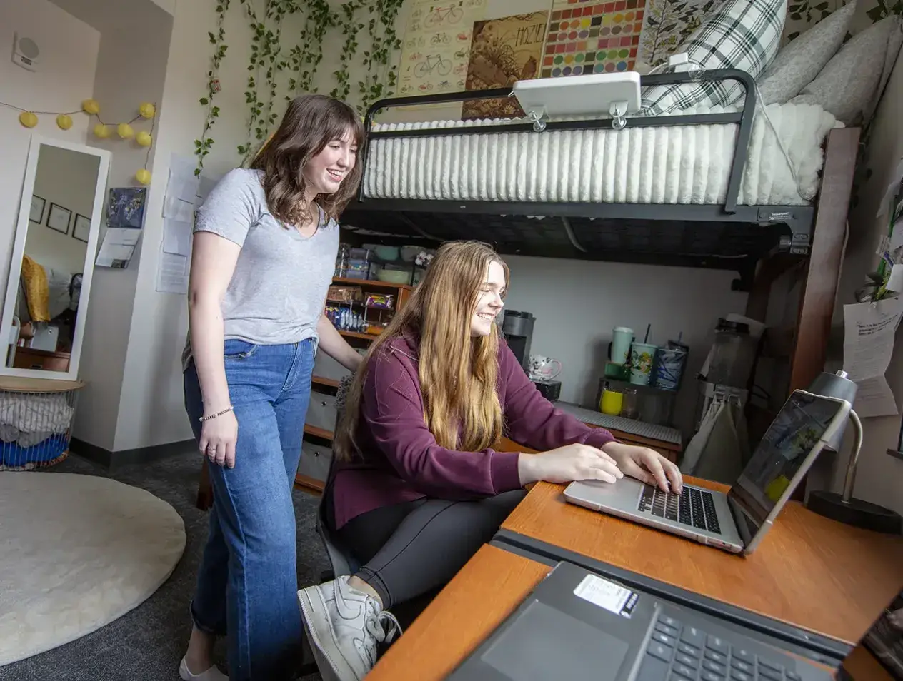 Two students studying in laptop in residence hall.