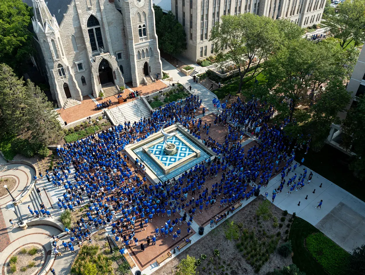 Drone shot of students on campus