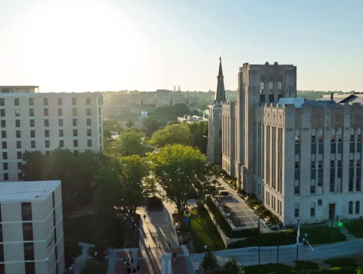Wide shot of campus as sun begins to set.