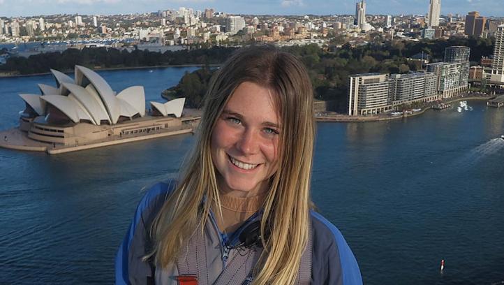 Liza Zaruba poses in front of the skyline in Sydney, Australia, during her study abroad trip.
