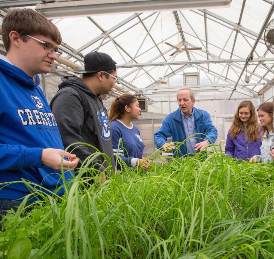 Students and faculty in greenhouse