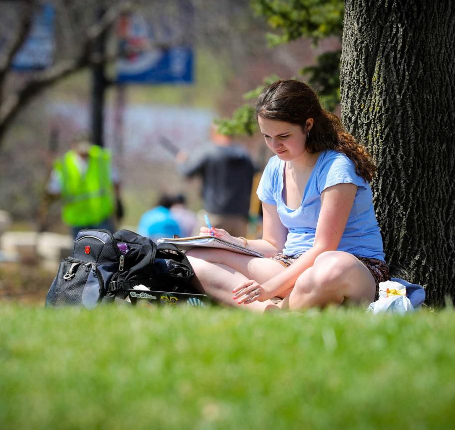 Student studying outdoors by tree