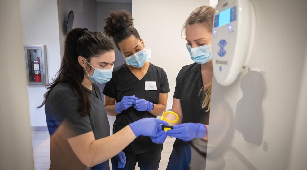 Three dentistry students analyzing image
