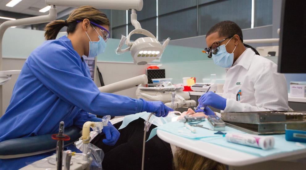 Student performing hands-on dental techniques 