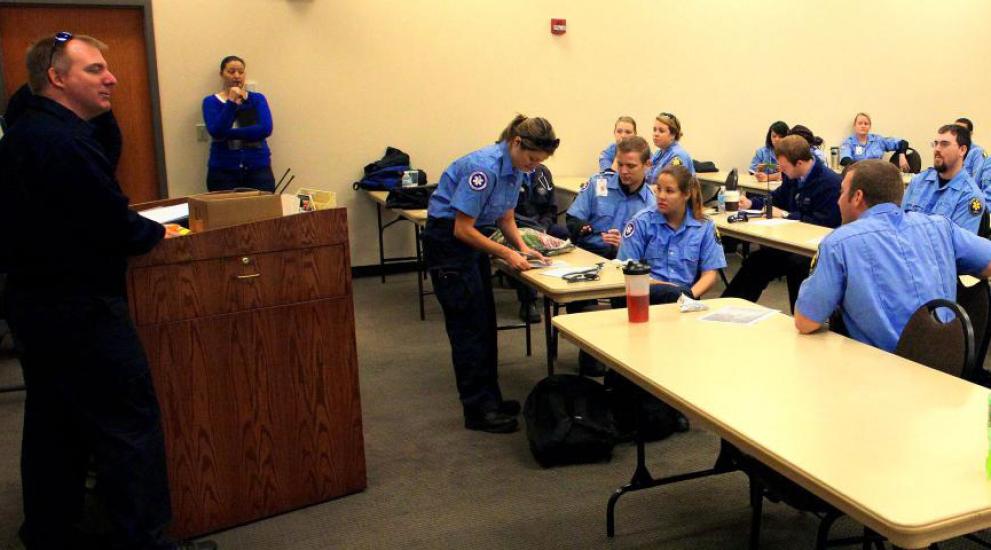 A group of EMS continuing education students in a classroom