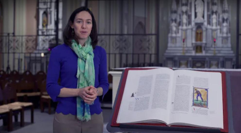 Video thumbnail featuring Molly Mattingly next to the St. John's Bible