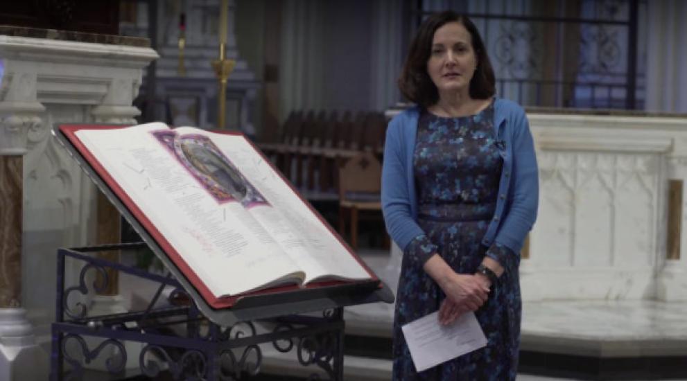 Video thumbnail featuring Bridget Keegan next to the St. John's Bible