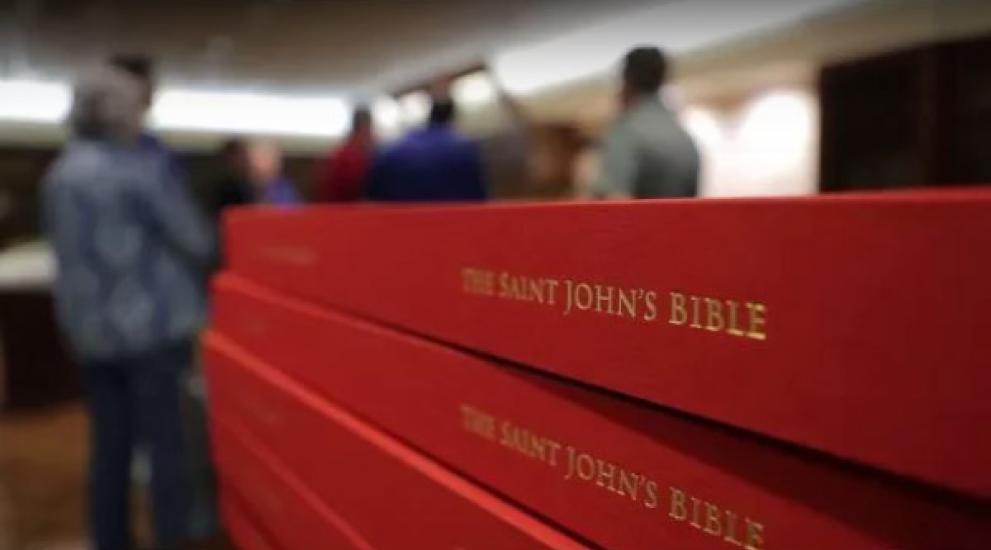 Video thumbnail featuring a stack of St. John's Bibles