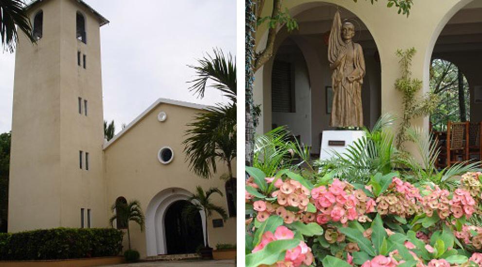Collage of the church at the ILAC Center and a St. Ignatius statue