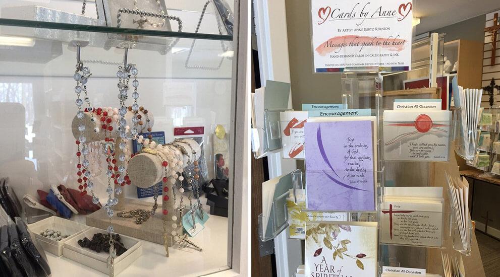 Collage of the rosaries and cards available in the Retreat Center gift shop